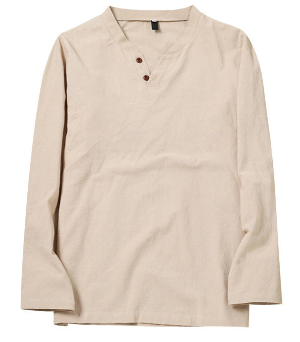 Cotton Linen Men's Long Sleeve V-neck Casual Beach Linen Shirt Fashion Leisure Men's Clothing Casual And Breathable Shirt chicpolly