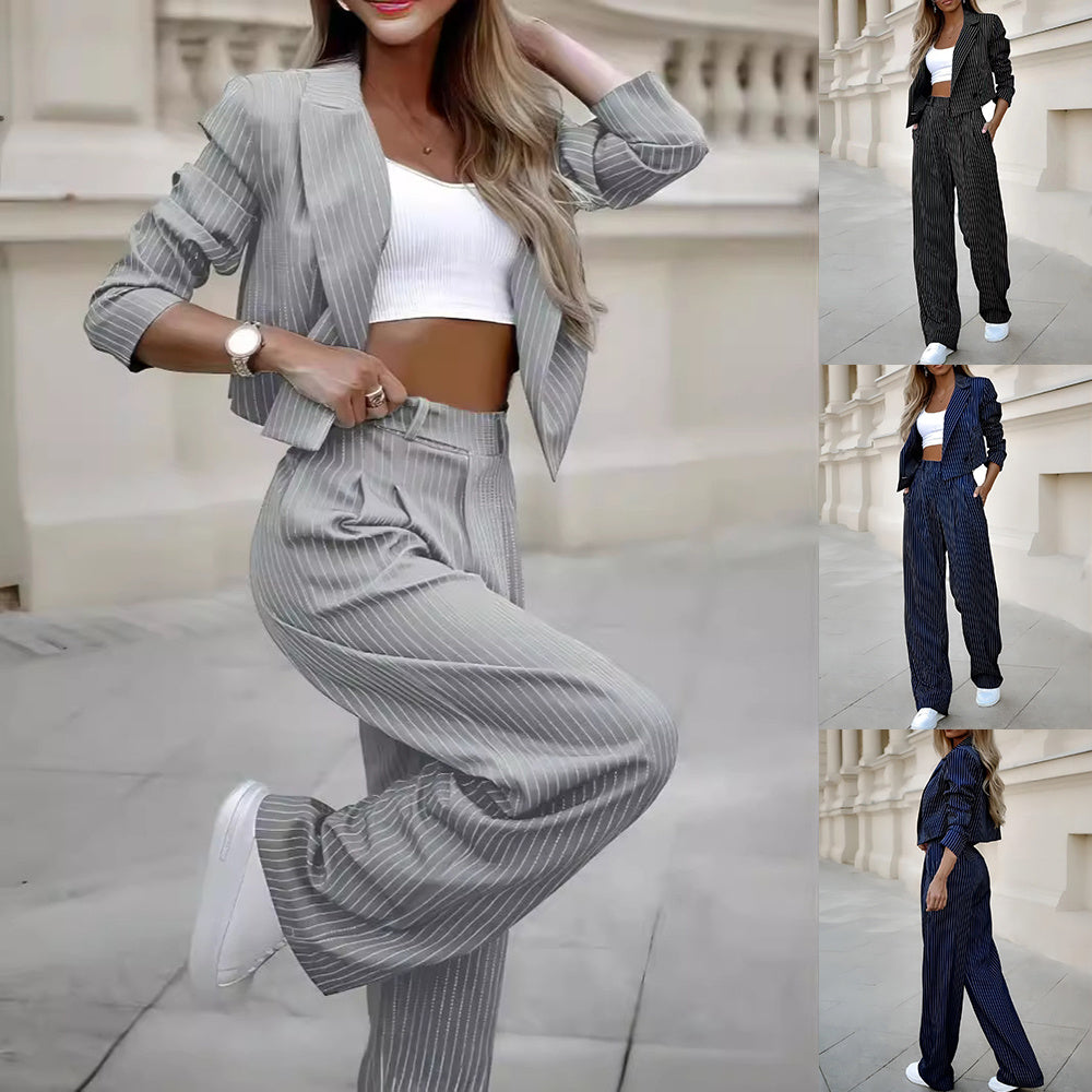 Fashion Striped Suits Casual Lapel Long Sleeve Cropped Top And Straight Pants Outfits Women's Clothing chicpolly