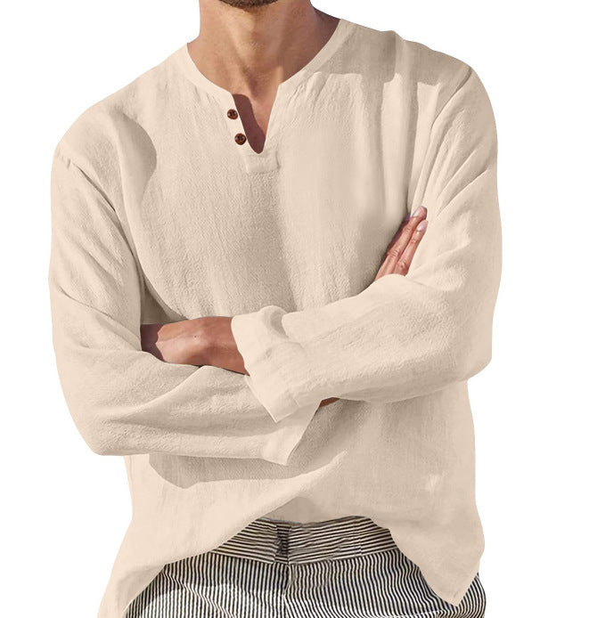 Cotton Linen Men's Long Sleeve V-neck Casual Beach Linen Shirt Fashion Leisure Men's Clothing Casual And Breathable Shirt chicpolly