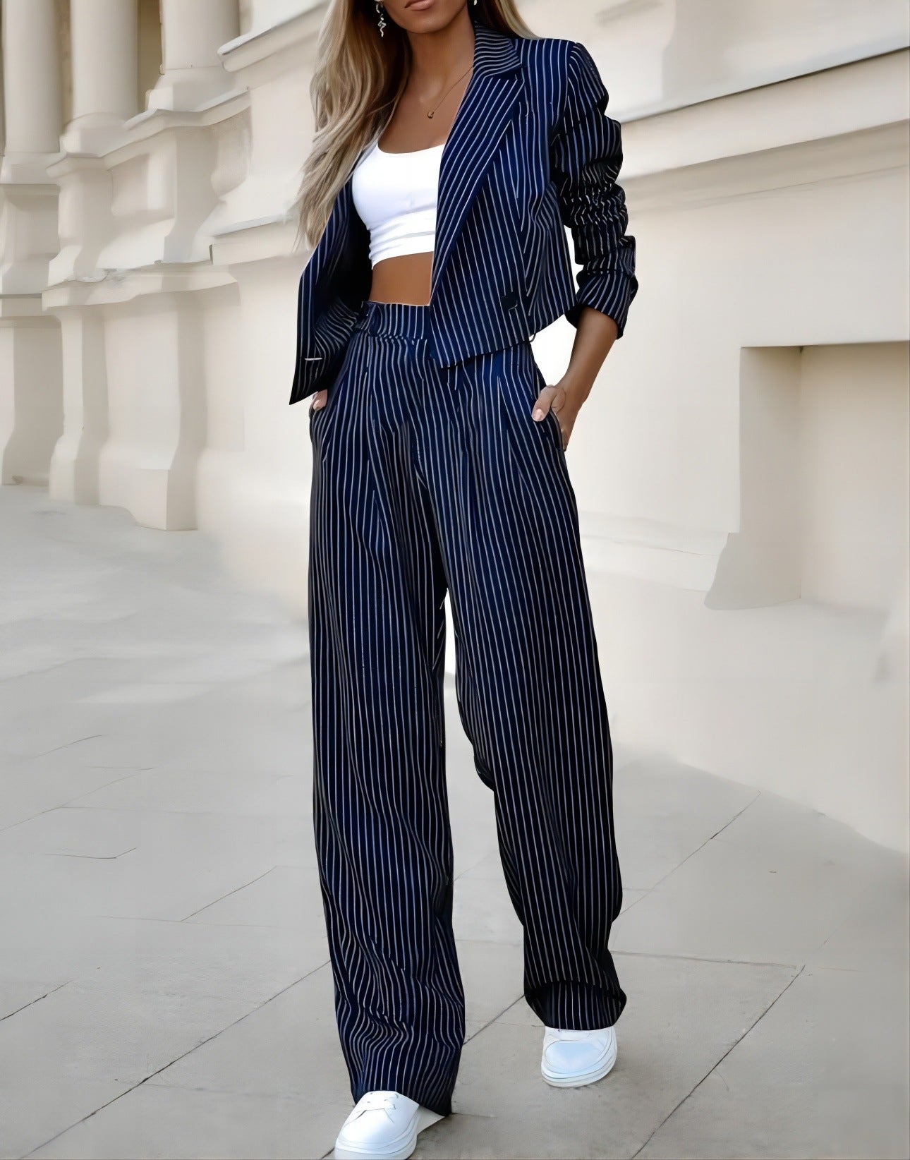 Fashion Striped Suits Casual Lapel Long Sleeve Cropped Top And Straight Pants Outfits Women's Clothing chicpolly