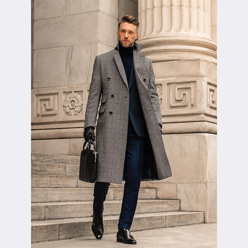 Full Wool Suit Collar Medium Length Double Breasted Checked Overcoat chicpolly