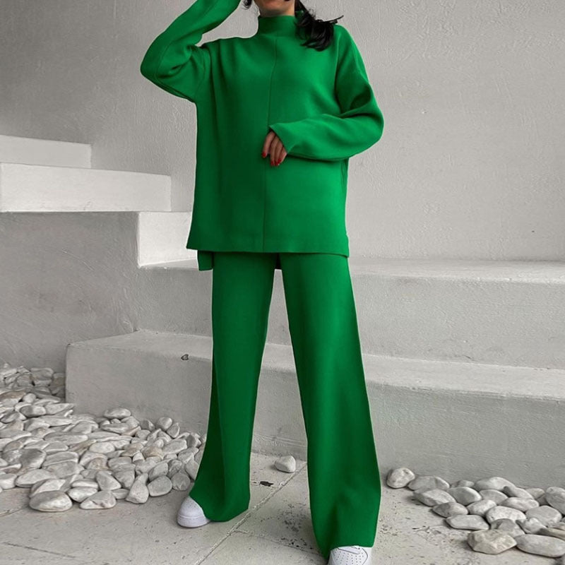 Long Sleeve Loose Casual Sweater Knit Top Trousers Set chicpolly