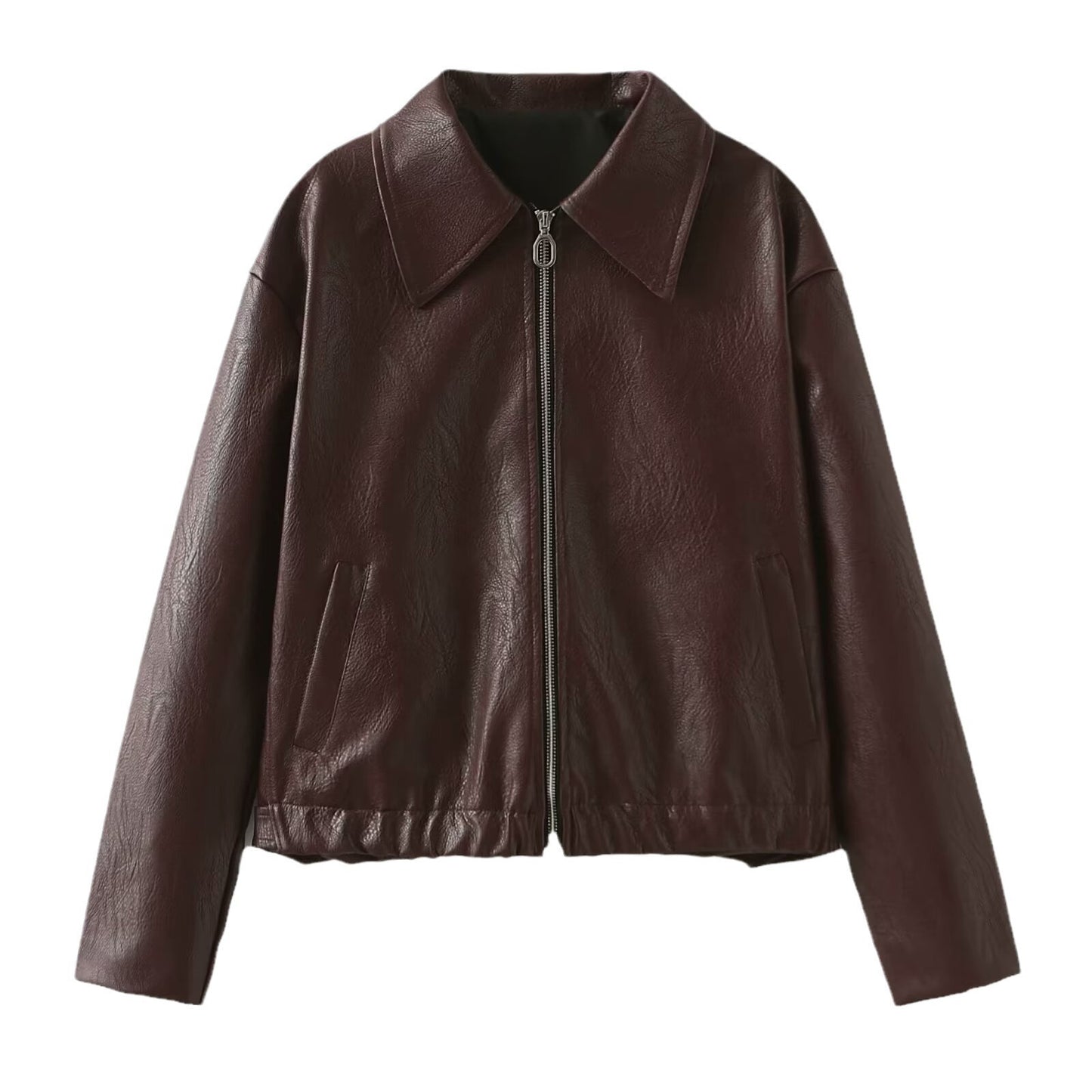 Solid Color Lapel Zipper Jacket Fashion Casual Long Sleeve Leather Coat Tops Women Clothing chicpolly