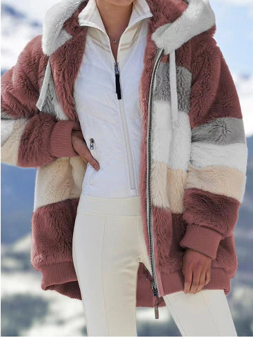 Women's Loose Plush Multicolor Hooded Jacket chicpolly