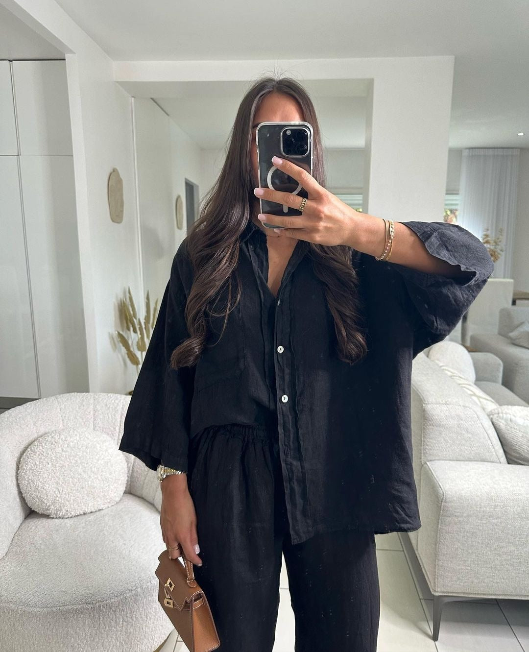 Casual Polyester Pocket Shirt Pants Suitable For Women's Wide Leg Pants, Long Sleeved Shirt Set, Women's Loose High Street Two-piece Set chicpolly