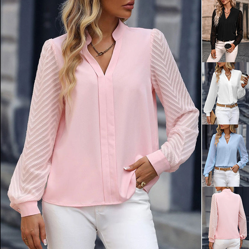 V-neck Long-sleeved Chiffon Shirt Lace Stitching Solid Color Tops Women Clothing chicpolly