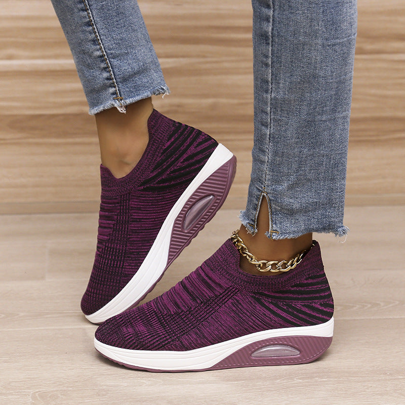 New Stripe Design Mesh Shoes Fashion Slip On Air Cushion Shoes Breathable Round-toe Flats Women chicpolly