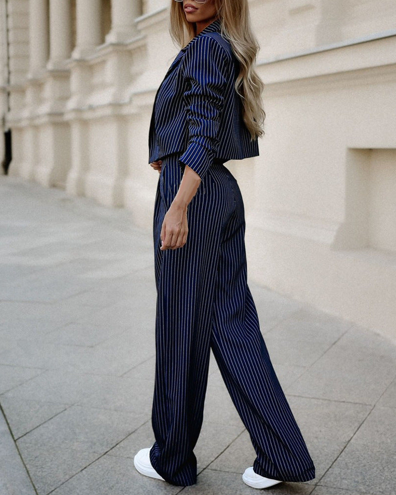 Fashion Striped Suits Casual Lapel Long Sleeve Cropped Top And Straight Pants Outfits Women's Clothing chicpolly