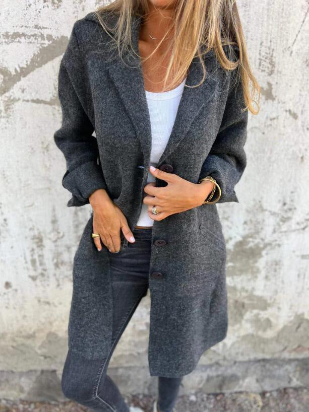 Lapel Single Breasted Cardigan With Pockets Fashion Color Solid Mid-Length Outwear Coat Womens Clothing chicpolly