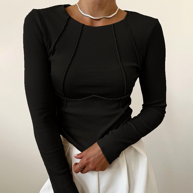 Slim Long Sleeve T-shirt Fashion Solid Color Split Thread Knitted Top Womens Clothing chicpolly