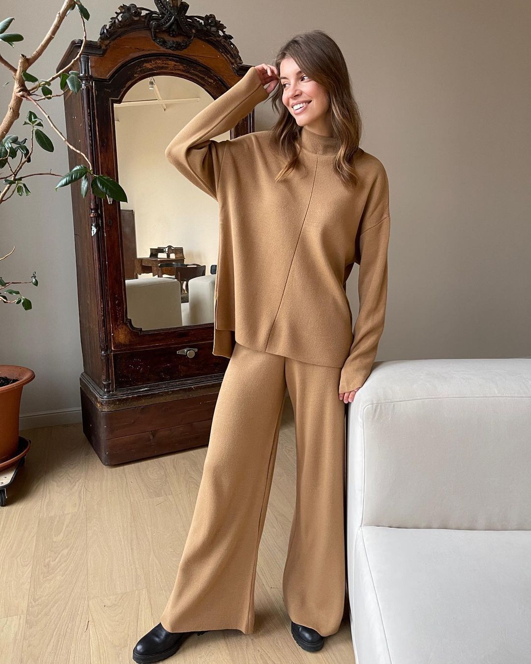 Long Sleeve Loose Casual Sweater Knit Top Trousers Set chicpolly
