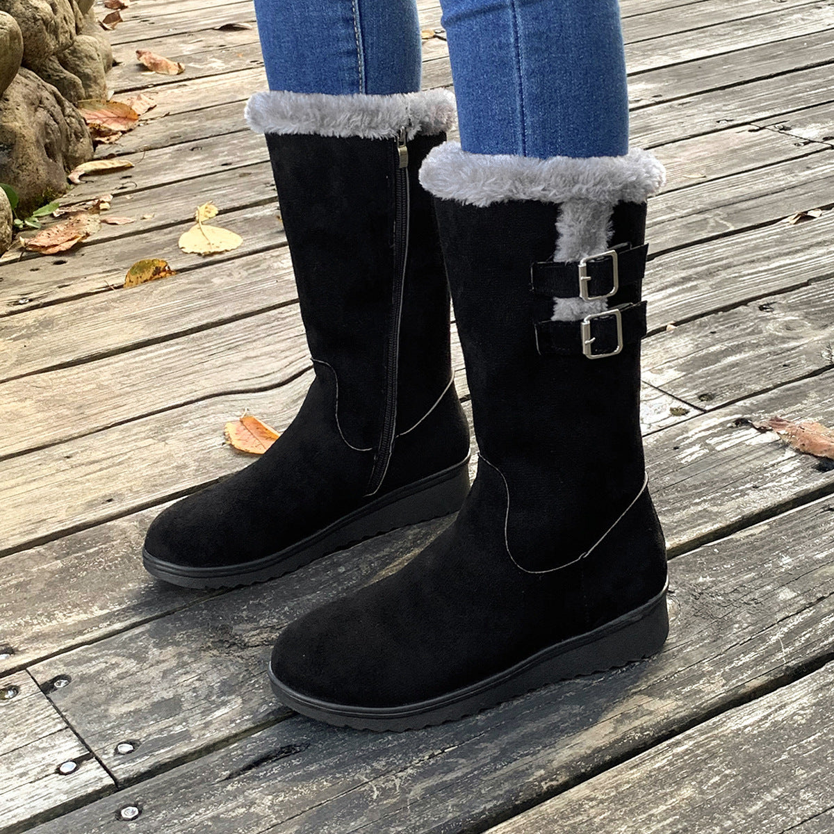 Fleece-lined Thick Mid-calf Martin Boots Wedge Heel chicpolly