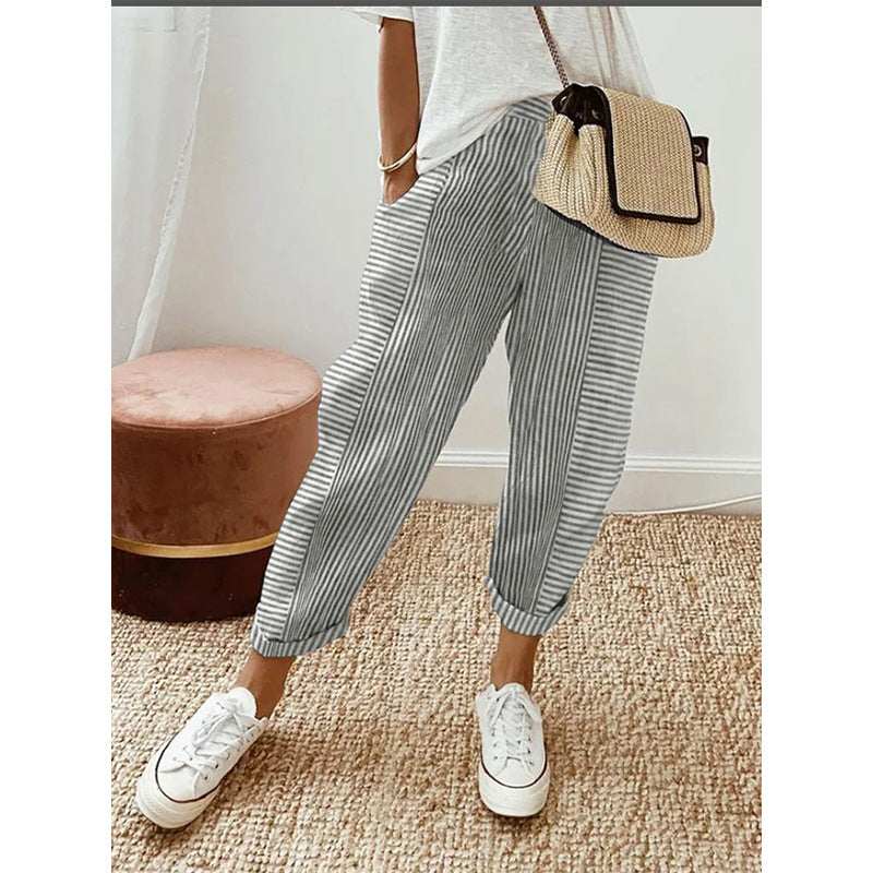 Women's Striped Print Trousers Summer Fashion Casual Loose Pants chicpolly