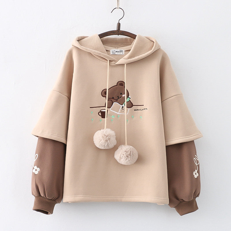 Japanese Mori Winter Fleece-lined Thickening Embroidery Painting Bear Hooded Pullover Women's Sweater chicpolly