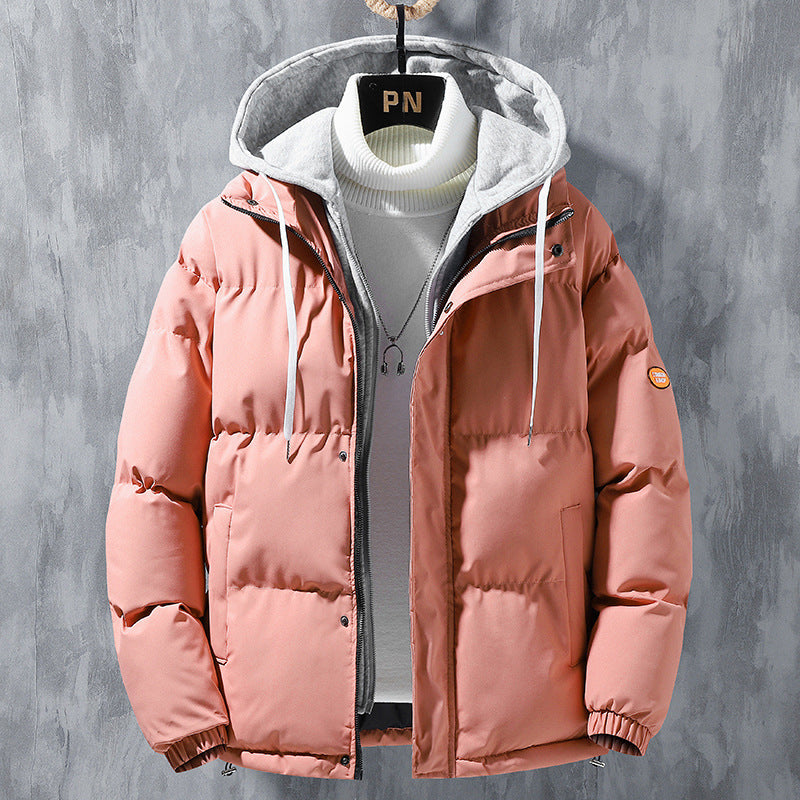 Fashion Hooded Jacket Men Winter Windproof Thickened Fake Two-piece Coat Solid Leisure Sports Cotton Jacket chicpolly