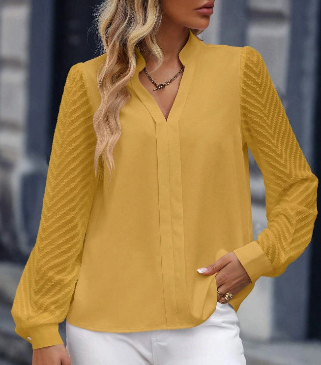 V-neck Long-sleeved Chiffon Shirt Lace Stitching Solid Color Tops Women Clothing chicpolly