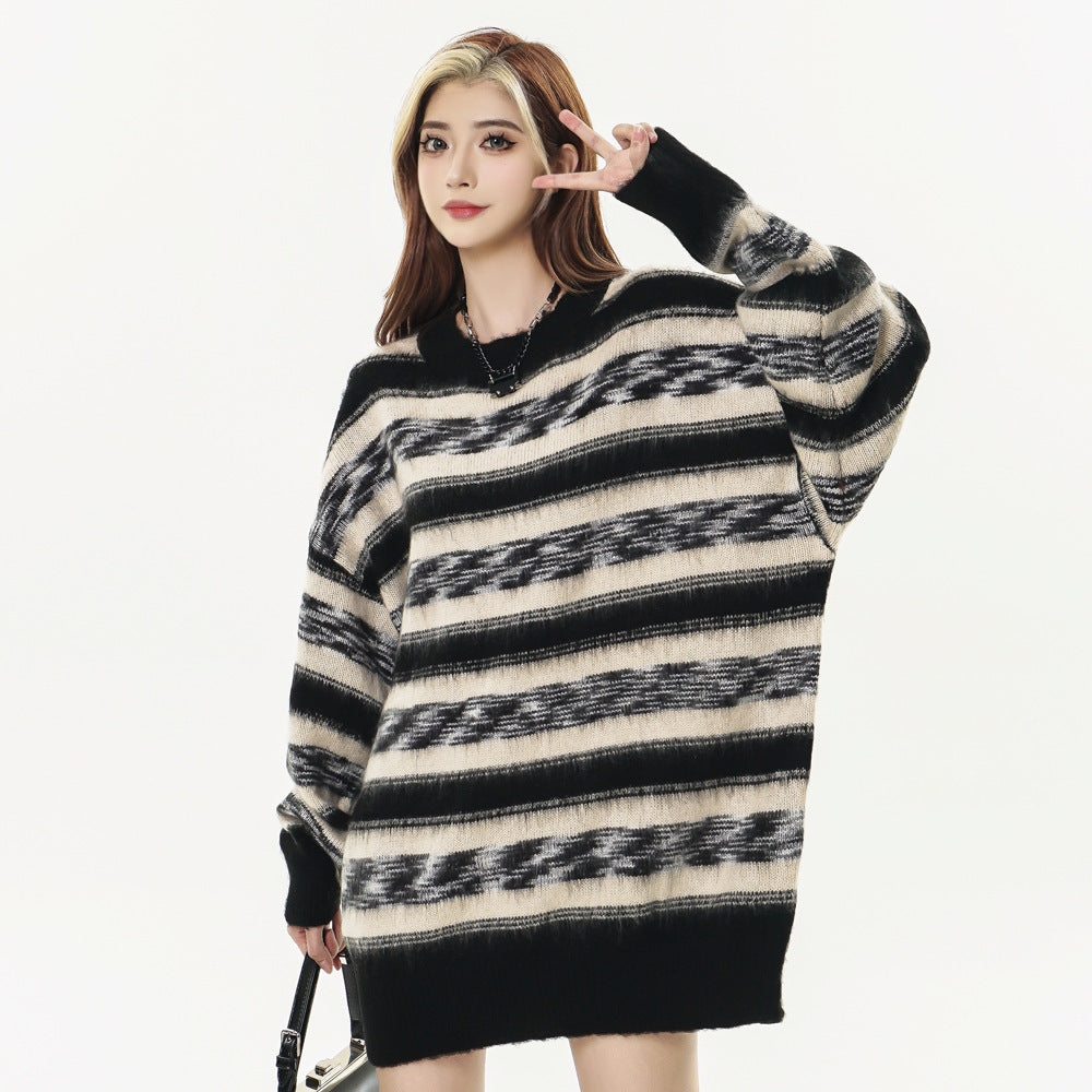 Mohair Striped Round Neck Knitted Sweater chicpolly