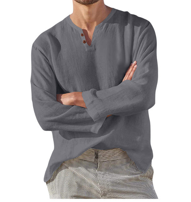 Cotton Linen Men's Long Sleeve V-neck Casual Beach Linen Shirt Fashion Leisure Men's Clothing Casual And Breathable Shirt chicpolly