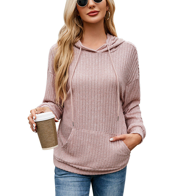 Women's Knitwear Hooded Sunken Stripe Kangaroo Pocket Sweatshirt chicpolly