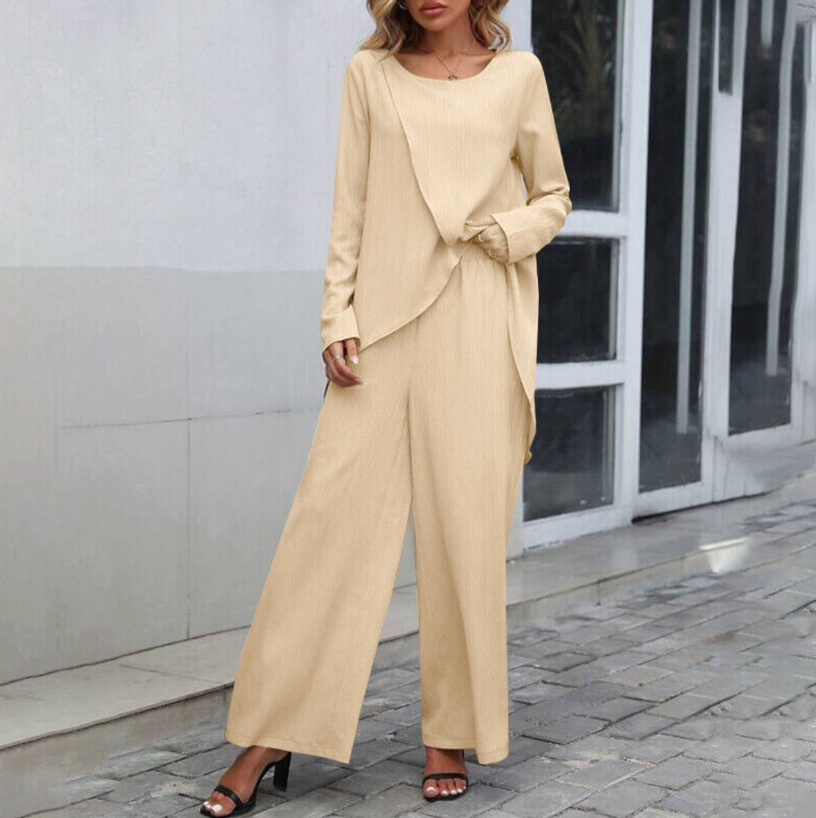 Women's Fashion Long Sleeve Irregular Hem Top Elastic Waist Wide Leg Trousers Two-piece Set chicpolly
