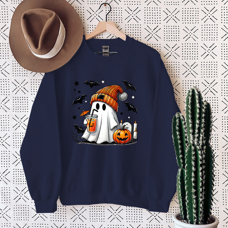 Women's Sweatshirt Halloween Ghost Pumpkin Bat Print Pullover chicpolly
