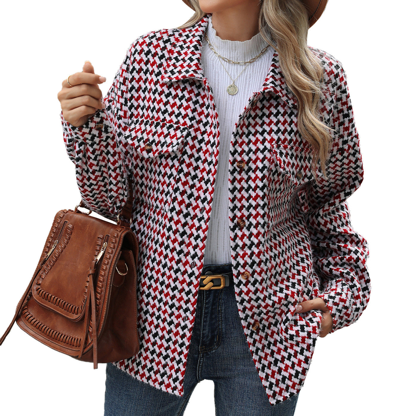 Fashion Houndstooth Lapel Tweed Coat Casual Loose Long Sleeve Jacket With Pocket Outwear Tops For Womens Clothing chicpolly