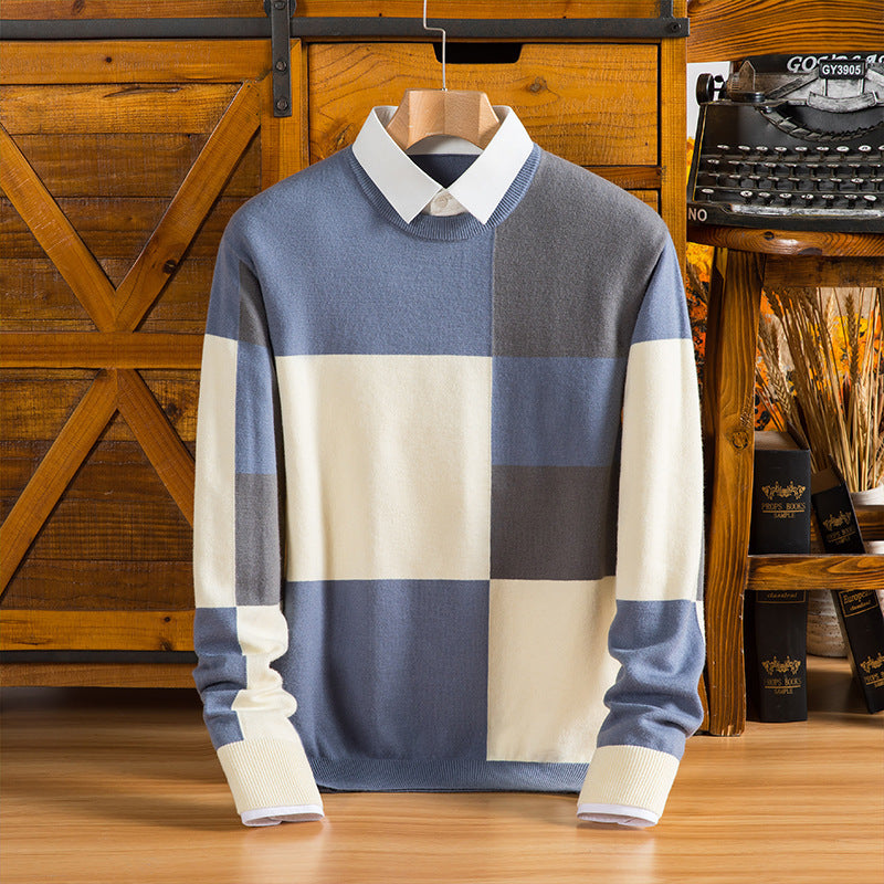 Men's Fake Two-piece Color Stitching Turnover Neck Plaid chicpolly