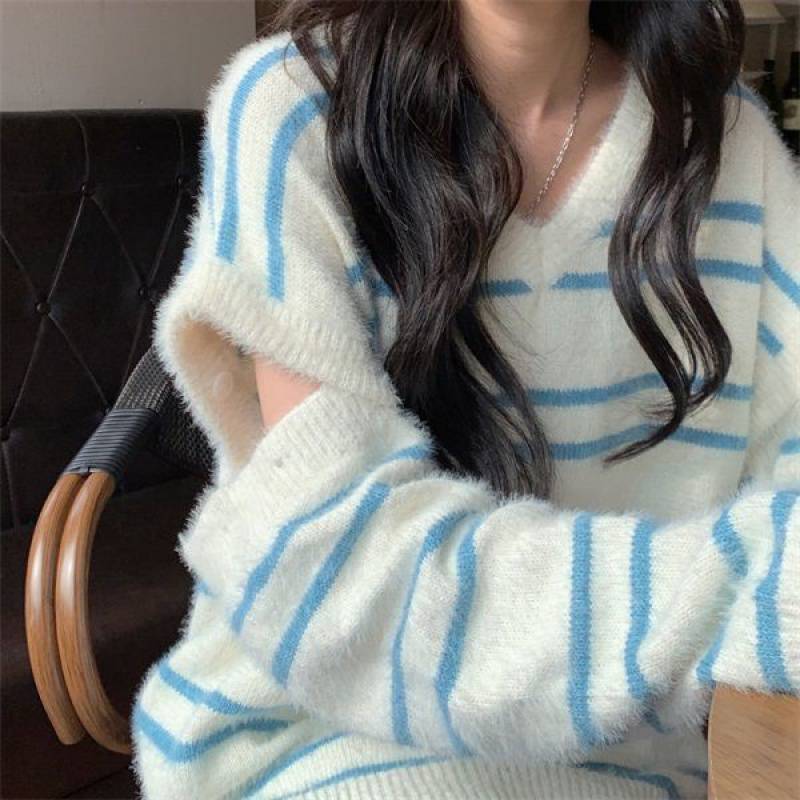 Soft Lazy Wind Collision Color Collar Sweater Female Autumn And Winter chicpolly