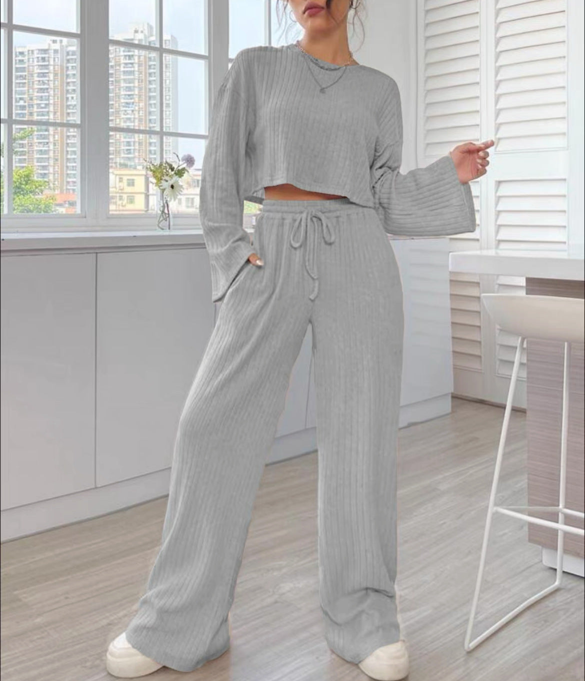 Casual Homewear Knitted Long Sleeve Women's Suit chicpolly