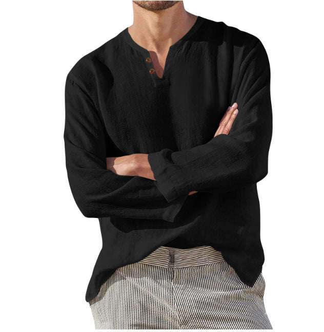 Cotton Linen Men's Long Sleeve V-neck Casual Beach Linen Shirt Fashion Leisure Men's Clothing Casual And Breathable Shirt chicpolly