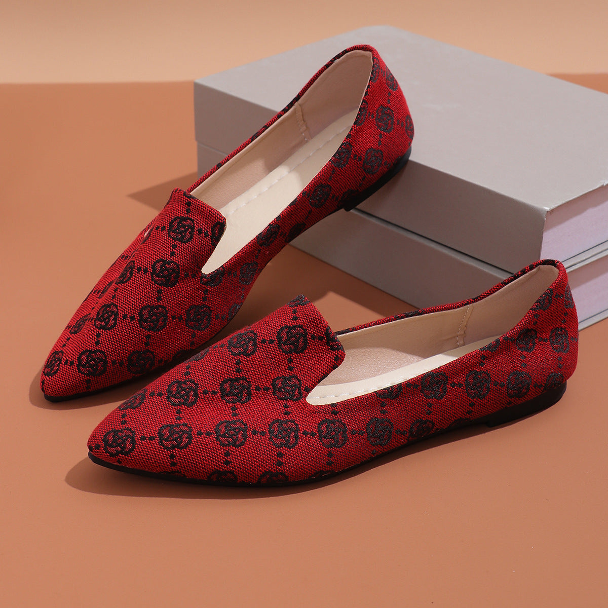 Rose Print Flats Shoes Fashion Casual Pointed Toe Canvas Loafers Lazy Shoes For Women chicpolly