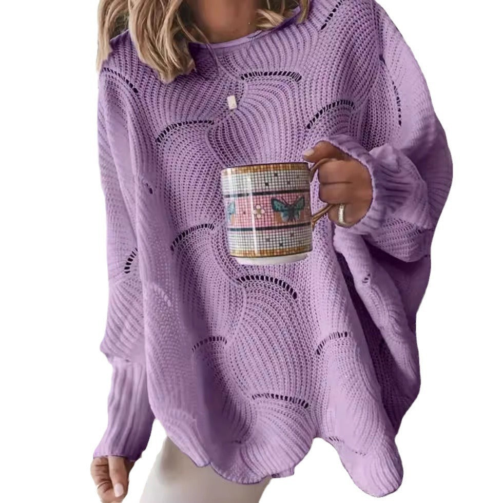 Leisure Fashion Plus Size Hollow-out Hook Flower Loose Solid Color Sweater chicpolly