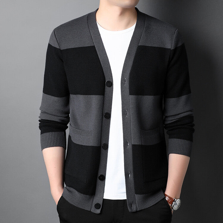 New Men's Striped Cardigan Single-breasted Long Sleeve Color Matching Casual Sweater chicpolly