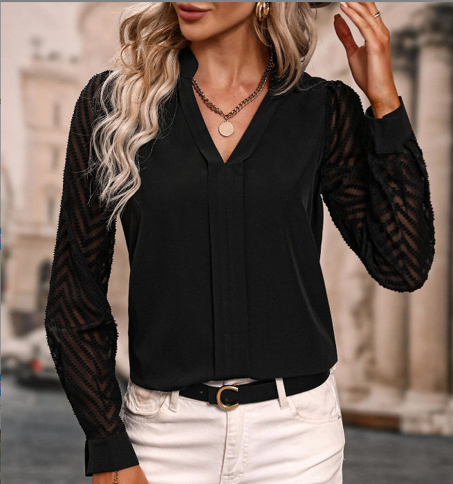 V-neck Long-sleeved Chiffon Shirt Lace Stitching Solid Color Tops Women Clothing chicpolly
