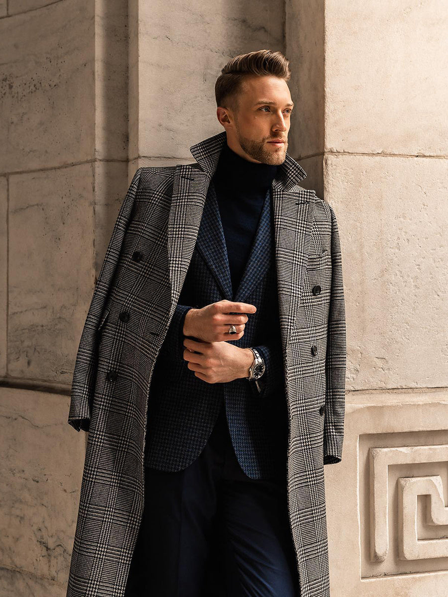 Full Wool Suit Collar Medium Length Double Breasted Checked Overcoat chicpolly