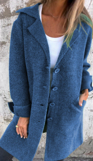 Lapel Single Breasted Cardigan With Pockets Fashion Color Solid Mid-Length Outwear Coat Womens Clothing chicpolly