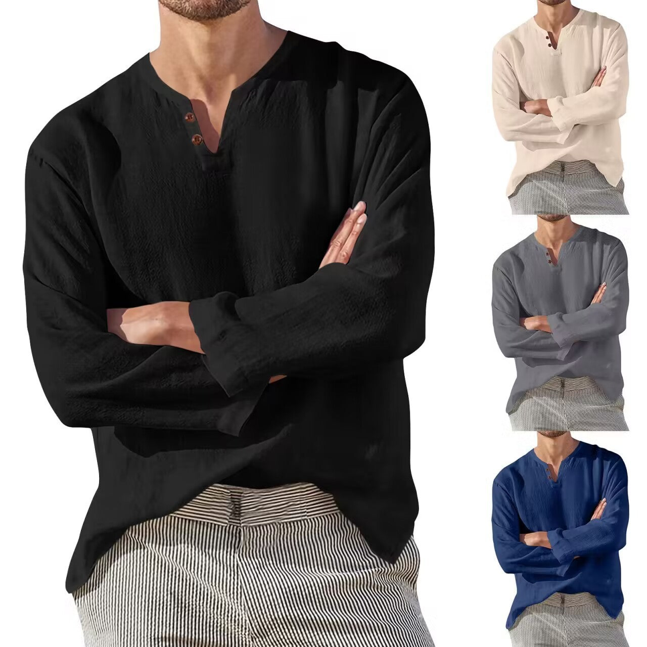 Cotton Linen Men's Long Sleeve V-neck Casual Beach Linen Shirt Fashion Leisure Men's Clothing Casual And Breathable Shirt chicpolly