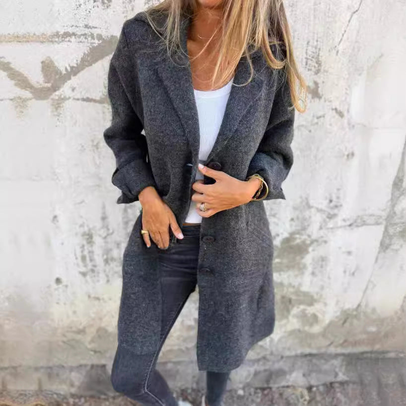 Lapel Single Breasted Cardigan With Pockets Fashion Color Solid Mid-Length Outwear Coat Womens Clothing chicpolly