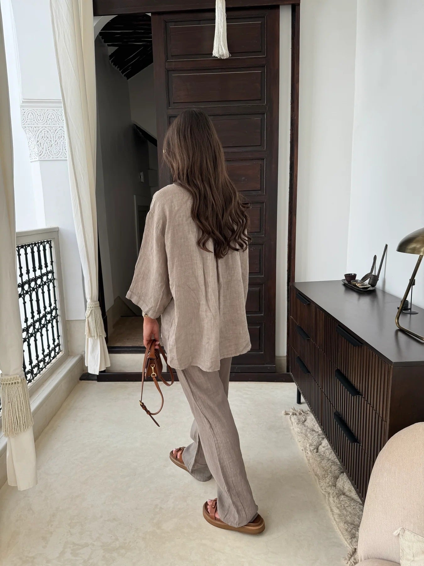 Casual Polyester Pocket Shirt Pants Suitable For Women's Wide Leg Pants, Long Sleeved Shirt Set, Women's Loose High Street Two-piece Set chicpolly