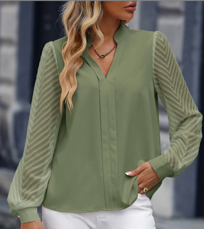 V-neck Long-sleeved Chiffon Shirt Lace Stitching Solid Color Tops Women Clothing chicpolly