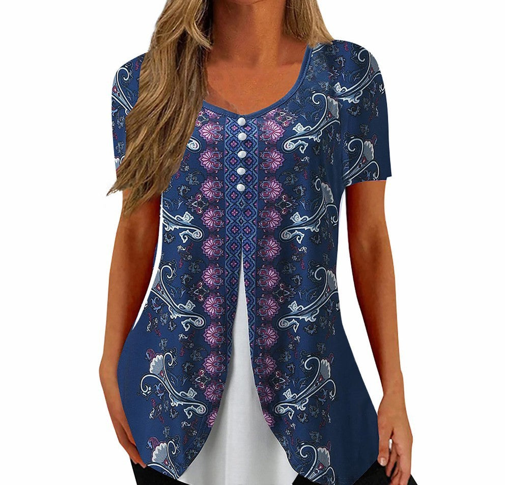 Fashion Printed Casual Short Sleeve Fake Two-piece T-shirts Women chicpolly