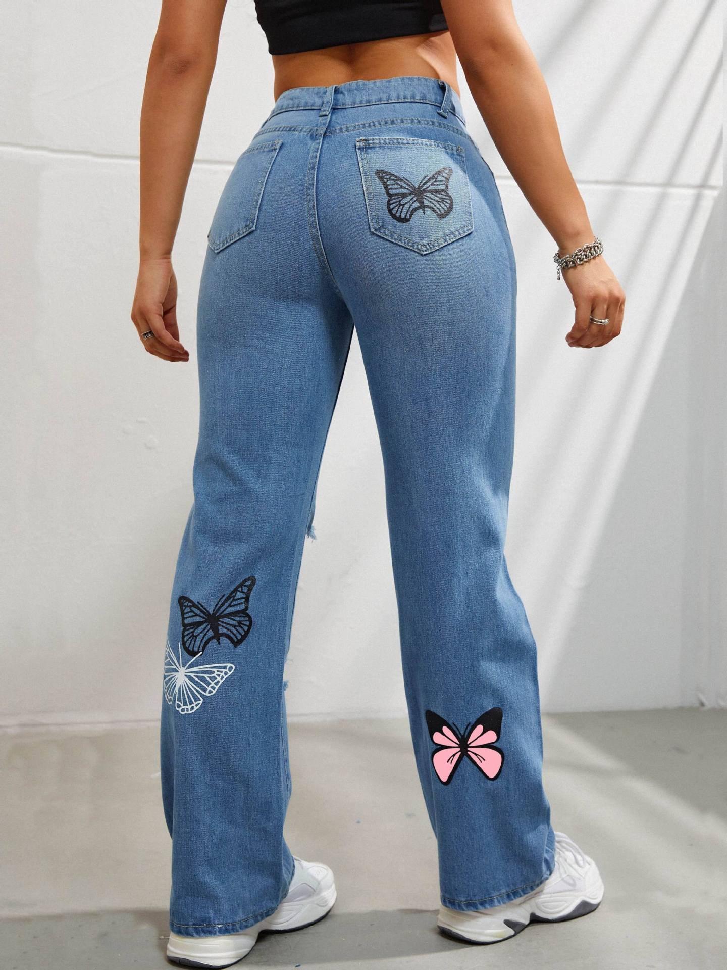 High Waisted Straight Leg Jeans For Women Trendy Butterfly Print Ripped Distressed Denim Pants chicpolly