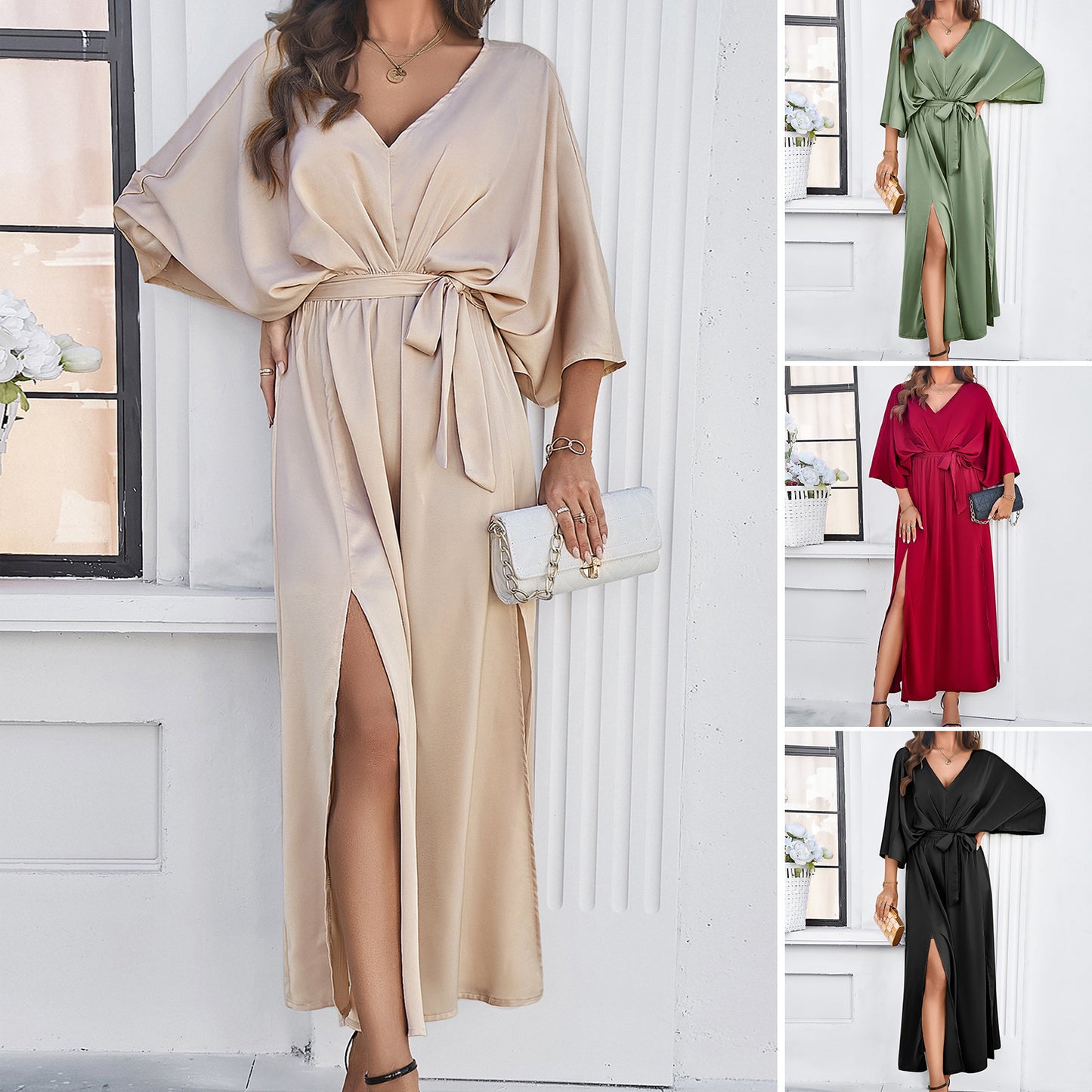 Fashion Bat Sleeve Long-sleeved V-neck Dress With Split Design Temperament Loose High Waist Lace-up Long Dresses Women Clothing chicpolly