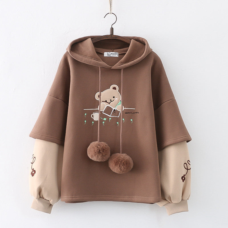 Japanese Mori Winter Fleece-lined Thickening Embroidery Painting Bear Hooded Pullover Women's Sweater chicpolly