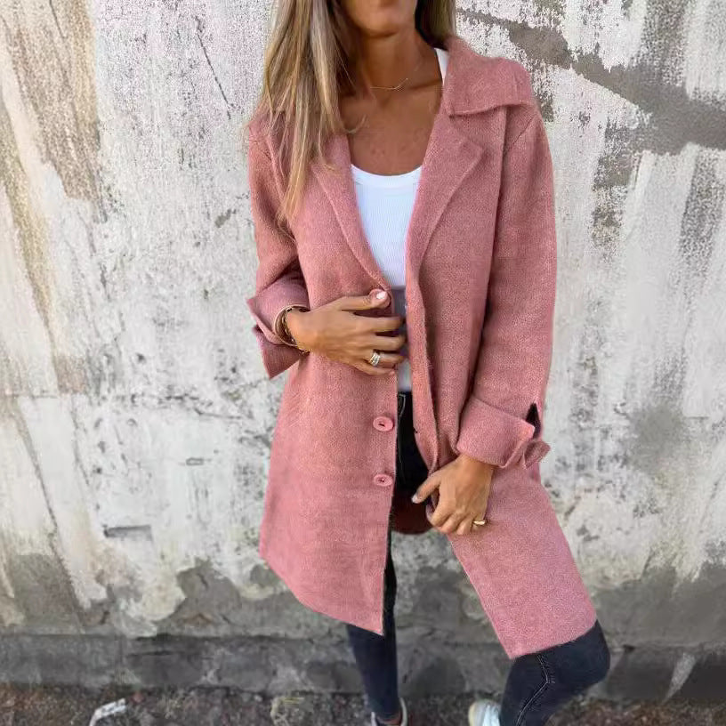 Lapel Single Breasted Cardigan With Pockets Fashion Color Solid Mid-Length Outwear Coat Womens Clothing chicpolly