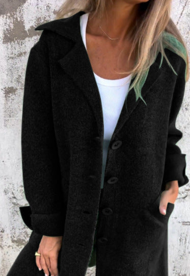 Lapel Single Breasted Cardigan With Pockets Fashion Color Solid Mid-Length Outwear Coat Womens Clothing chicpolly