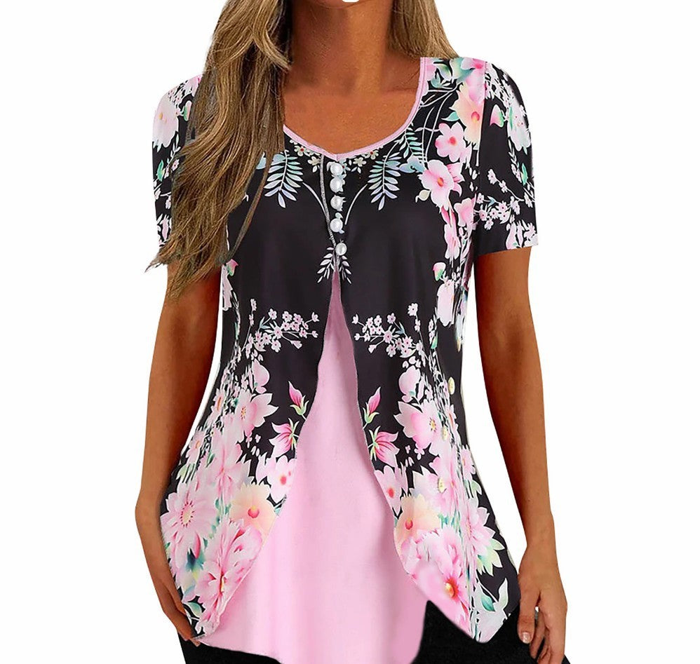 Fashion Printed Casual Short Sleeve Fake Two-piece T-shirts Women chicpolly