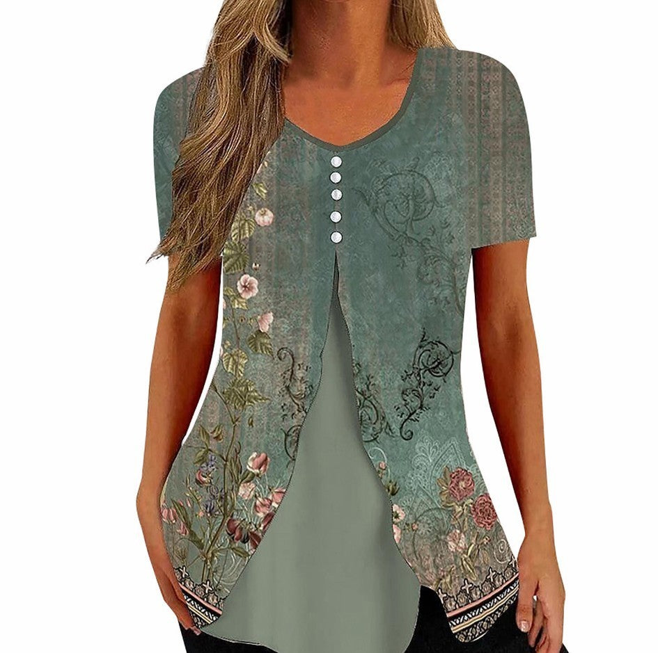 Fashion Printed Casual Short Sleeve Fake Two-piece T-shirts Women chicpolly