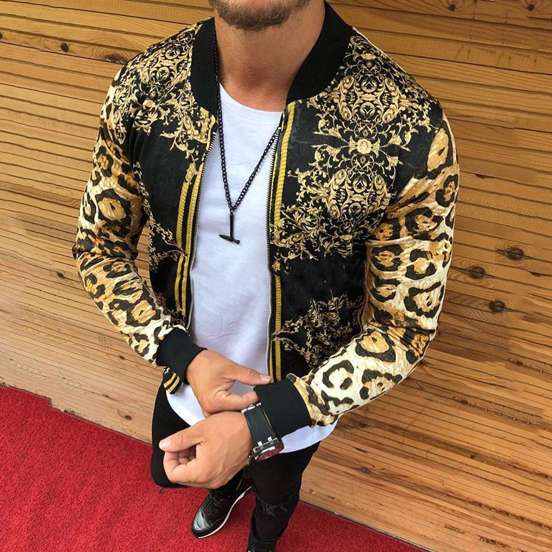 Men New Print Slim-Fitting Leopard Print Crew-Neck Casual Jacket Coat Male Cross-Border European And American Men's Autumn chicpolly