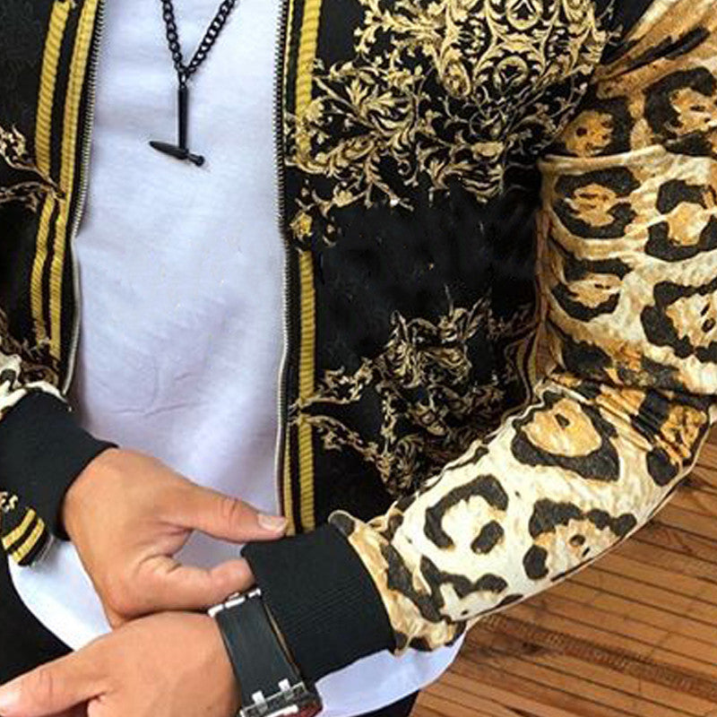 Men New Print Slim-Fitting Leopard Print Crew-Neck Casual Jacket Coat Male Cross-Border European And American Men's Autumn chicpolly
